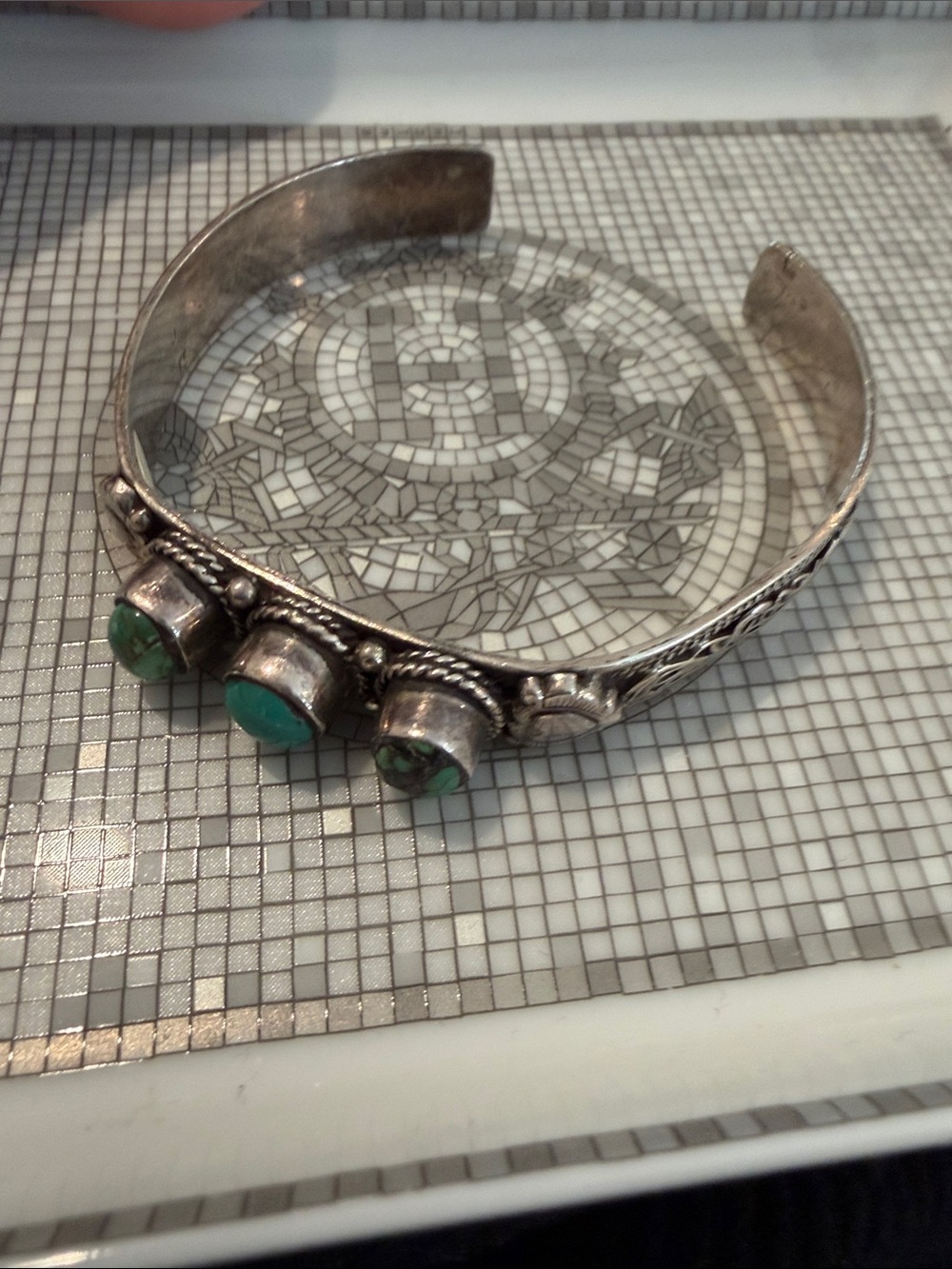 vintage Sterling-Style Silver Cuff Bracelet with Green Turquoise Stones